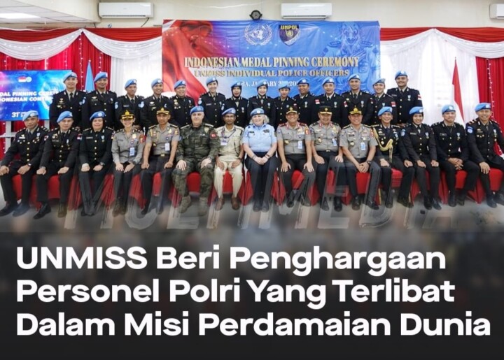 Otoritas Misi Pemeliharaan Perdamaian United Nations Mission in South Sudan (UNMISS) memberikan penghargaan kepada 33 personel Polri yang bertugas sebagai Individual Police Officer (IPO).